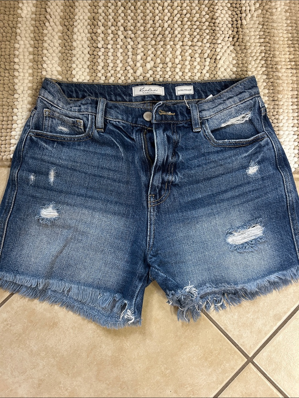 KanCan Distressed High-Rise Frayed Hem Denim Shorts - Dark Blue